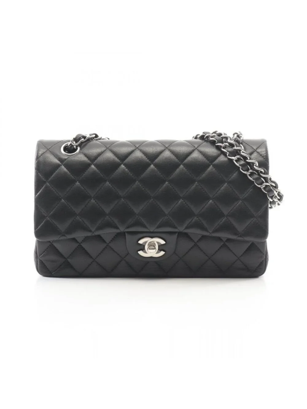 Chanel Shoulder Bag Quilted Double Flap Black Lambskin Chain